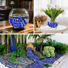 Skyflame cobalt blue half-inch fire glass diamonds packaging and setup ready