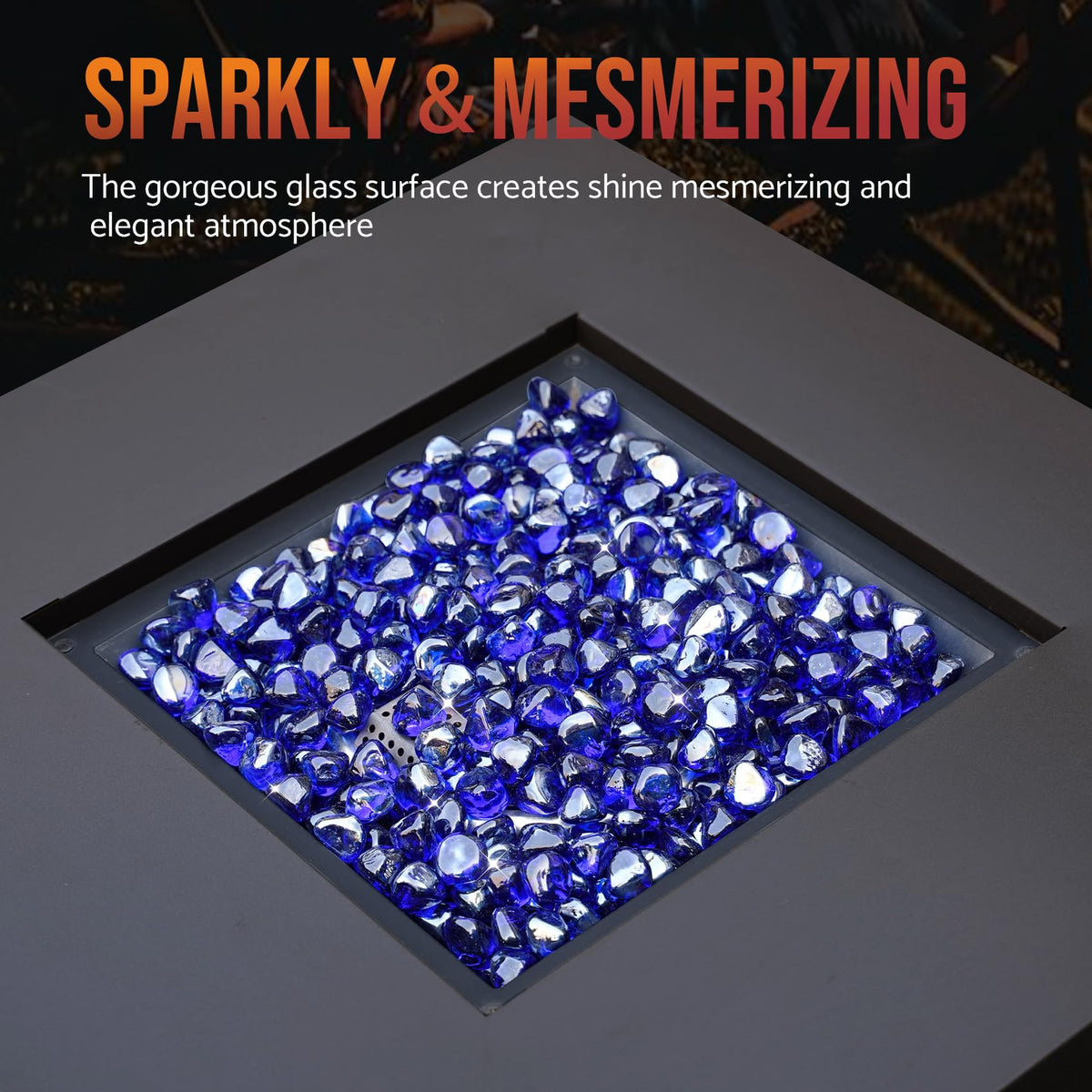 Skyflame cobalt blue half-inch fire glass diamonds reflective shine under flames