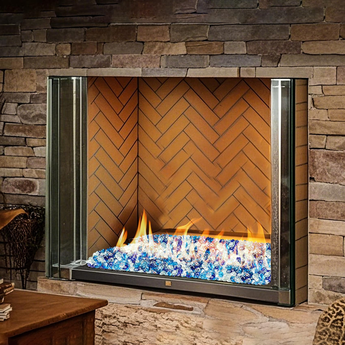 Skyflame fire glass diamonds luxe fire pit half-inch upscale backyard installation