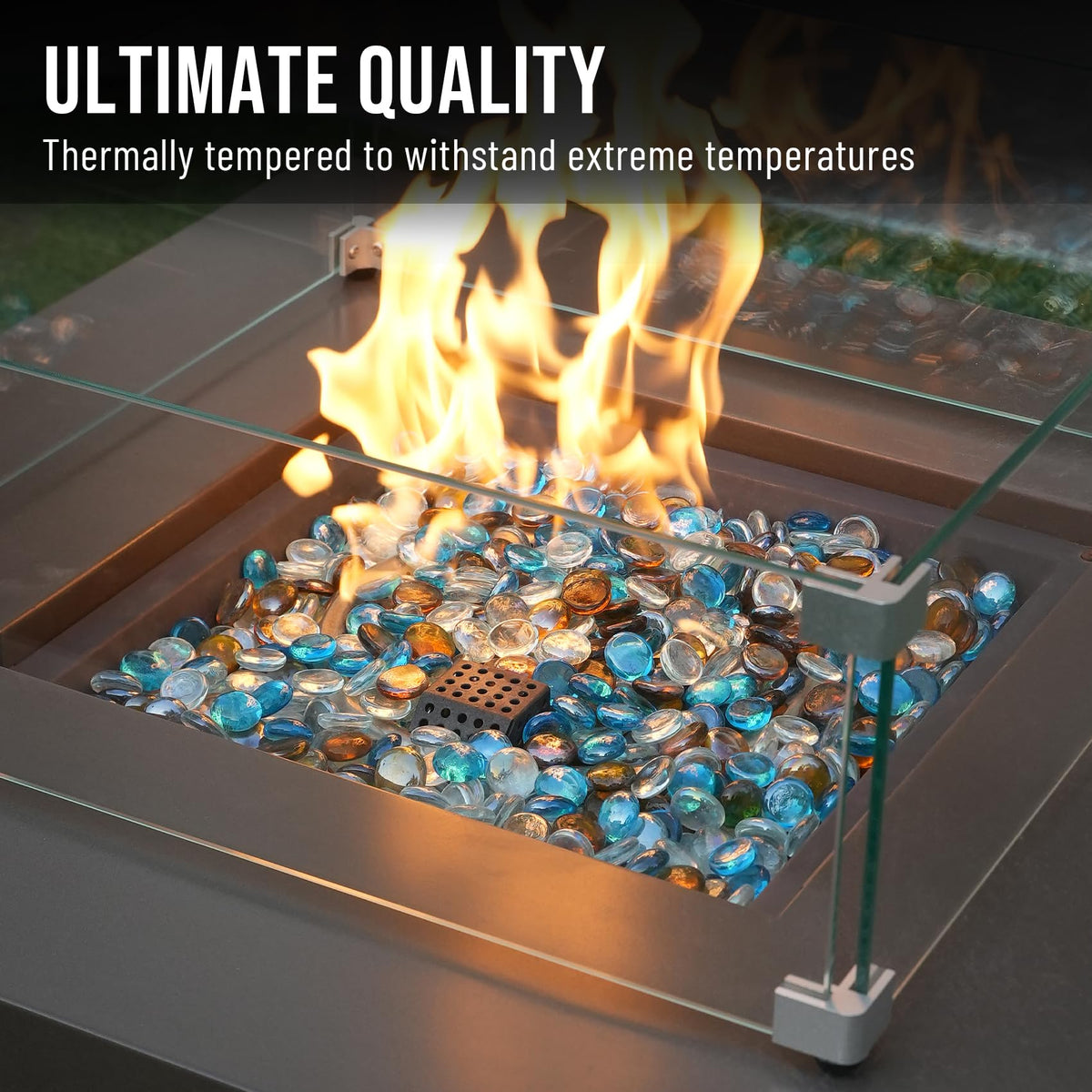Skyflame fire glass patio display enhances ambience and modern yard aesthetic.