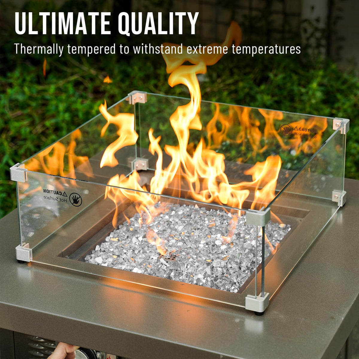 Skyflame platinum fire glass in a fire pit with bright shine