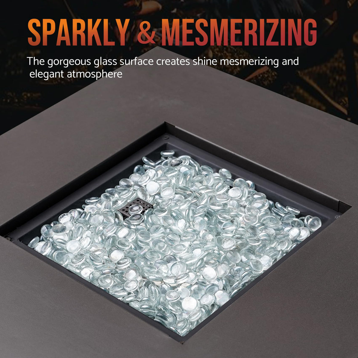 Skyflame beads in a modern fire pit create dramatic reflections