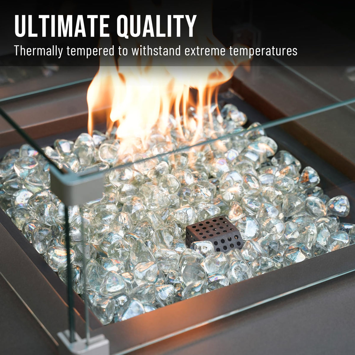 Skyflame Fire pit diamonds create luxurious visual centerpiece in evenings