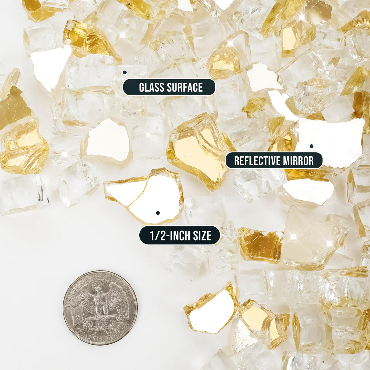 Skyflame gold reflective fire glass in action for a cozy indoor fireplace mood.