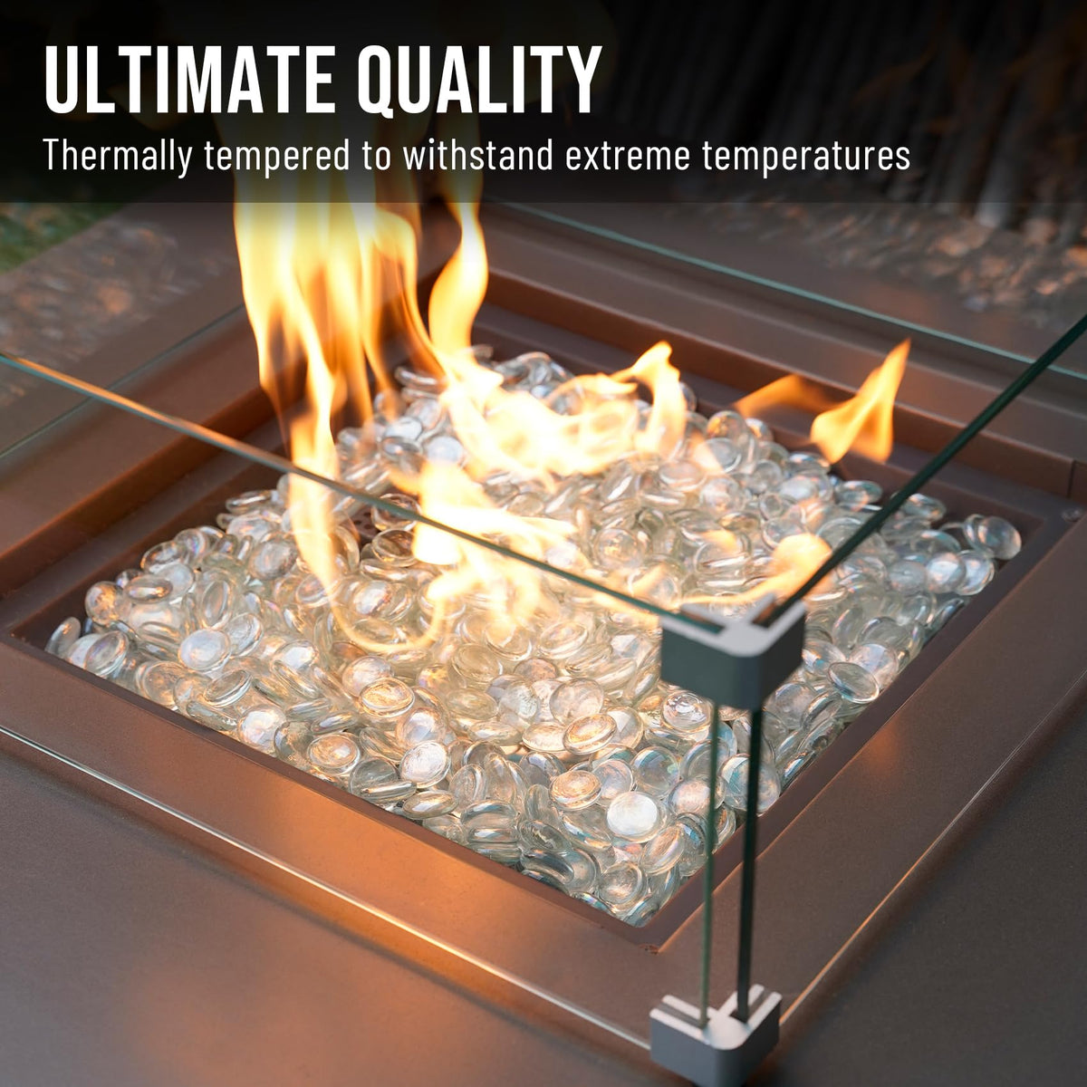 Skyflame beads in outdoor fireplace for refined glow and ambiance