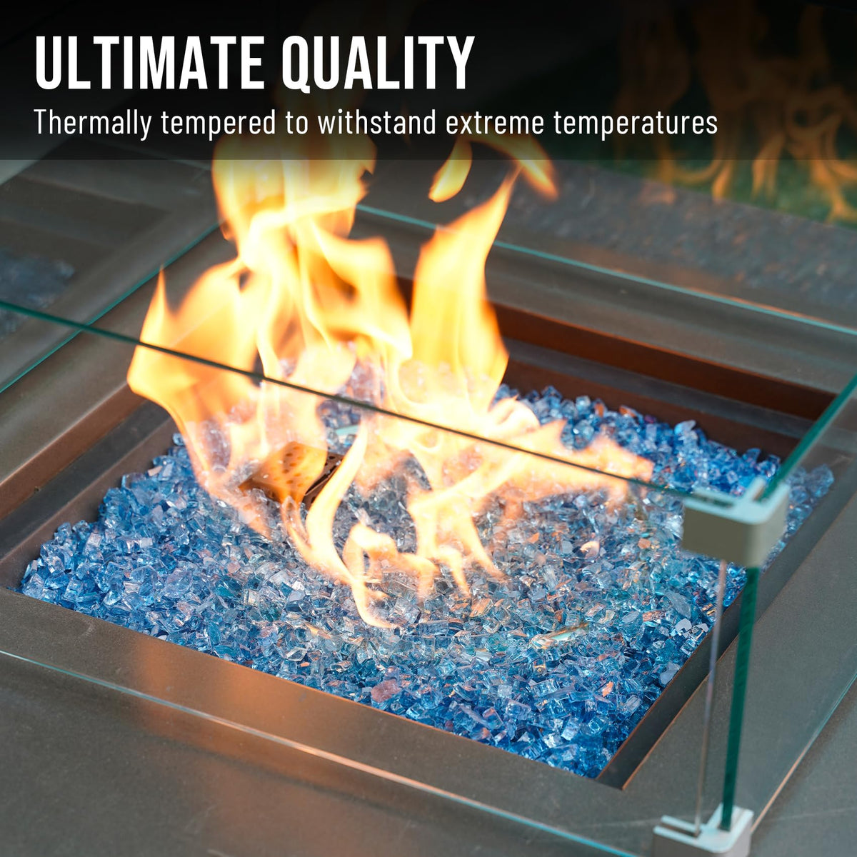 Skyflame fireplace decoration using Pacific Blue glass for a clean glow