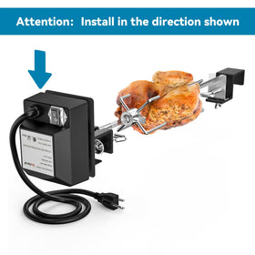 Four prong forks keep roasts secure during Skyflame rotisserie setup.