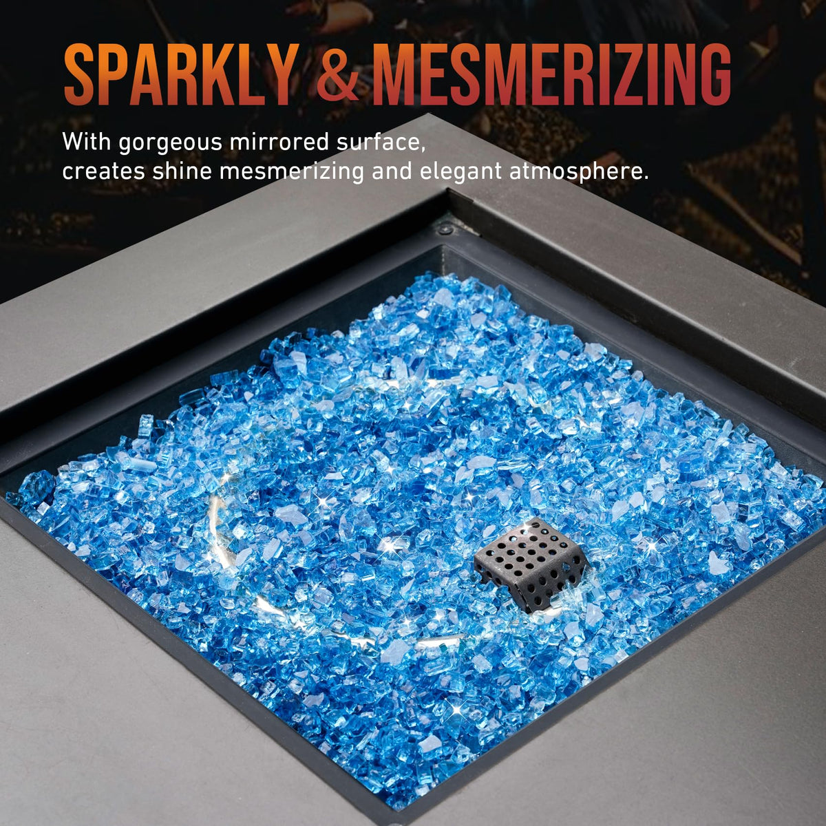 Skyflame glittering flames on patio with blue fire glass