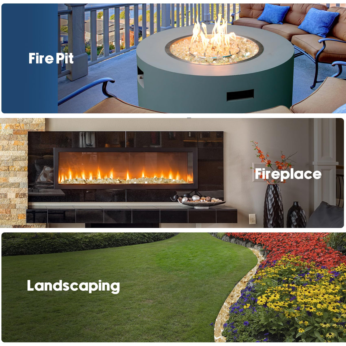 Skyflame gold fire glass used with fire pit for dramatic lighting.
