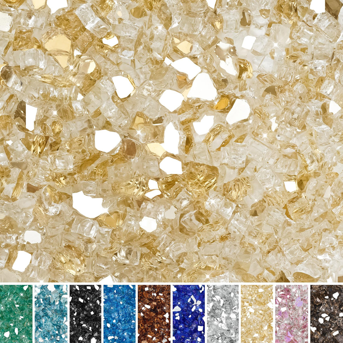 Skyflame gold reflective fire glass 1/2 inch enhances outdoor fire pit ambiance with shimmering flames.