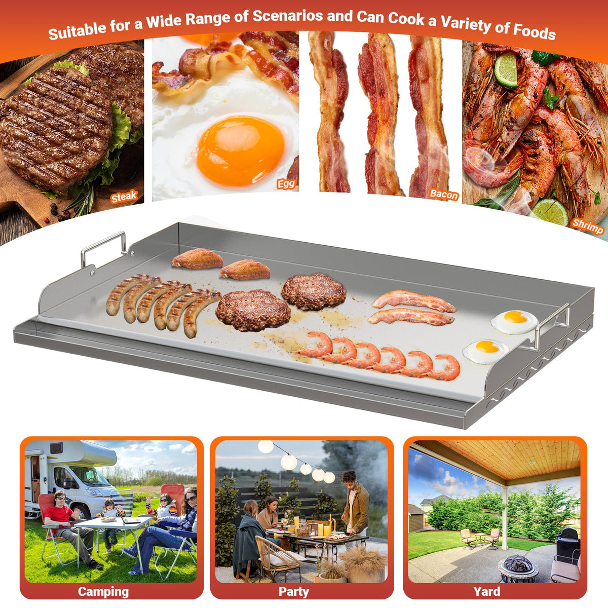 Skyflame griddle with cross bracing for stable, warp-resistant heating
