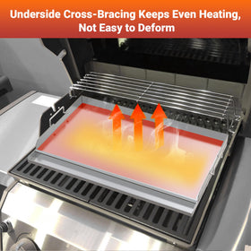 Skyflame griddle plate cooking pancakes and burgers on a wide surface