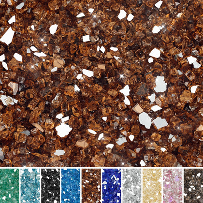 Skyflame high-luster fire glass 10lb bag close-up showing copper reflectivity for vibrant flames