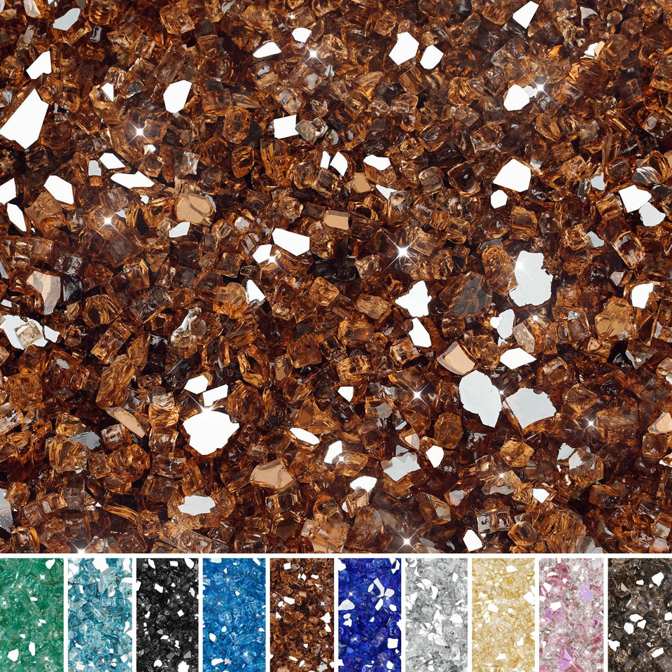 Skyflame high-luster fire glass 10lb bag close-up showing copper reflectivity for vibrant flames