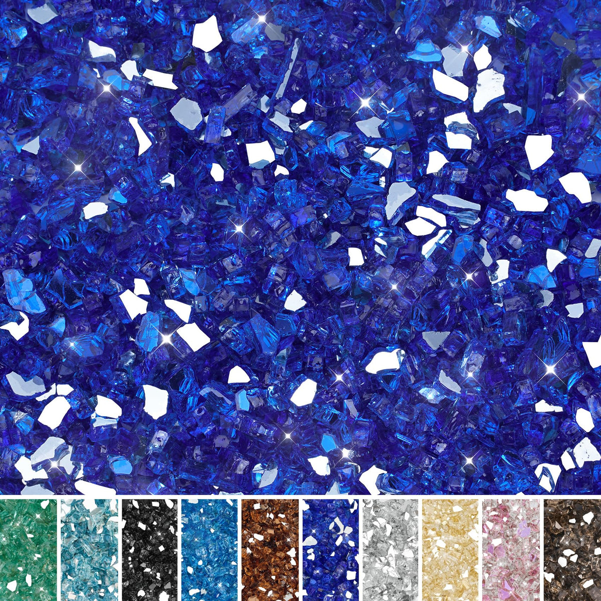 Skyflame high luster 1/4-inch cobalt blue fire glass in a fire pit.