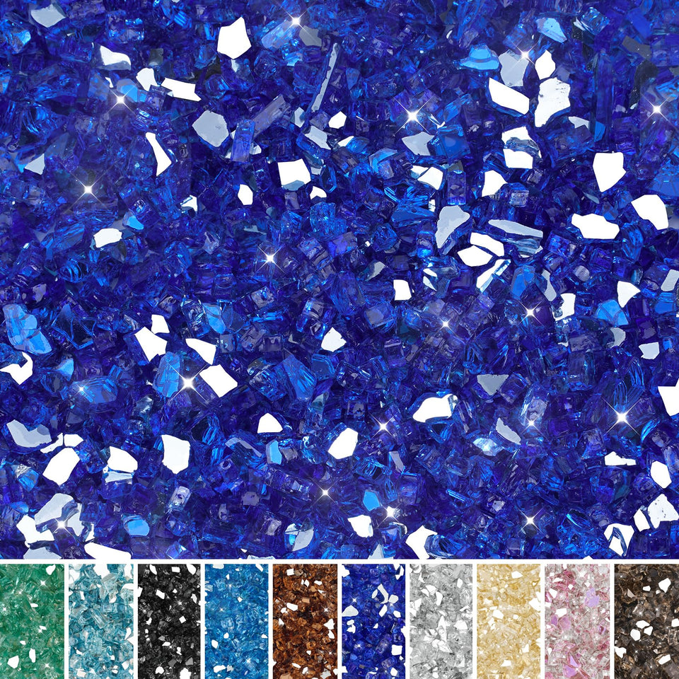 Skyflame high luster 1/4-inch cobalt blue fire glass in a fire pit.
