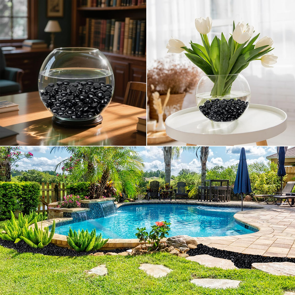 Skyflame reflective landscape fire glass decor elevating curb appeal.