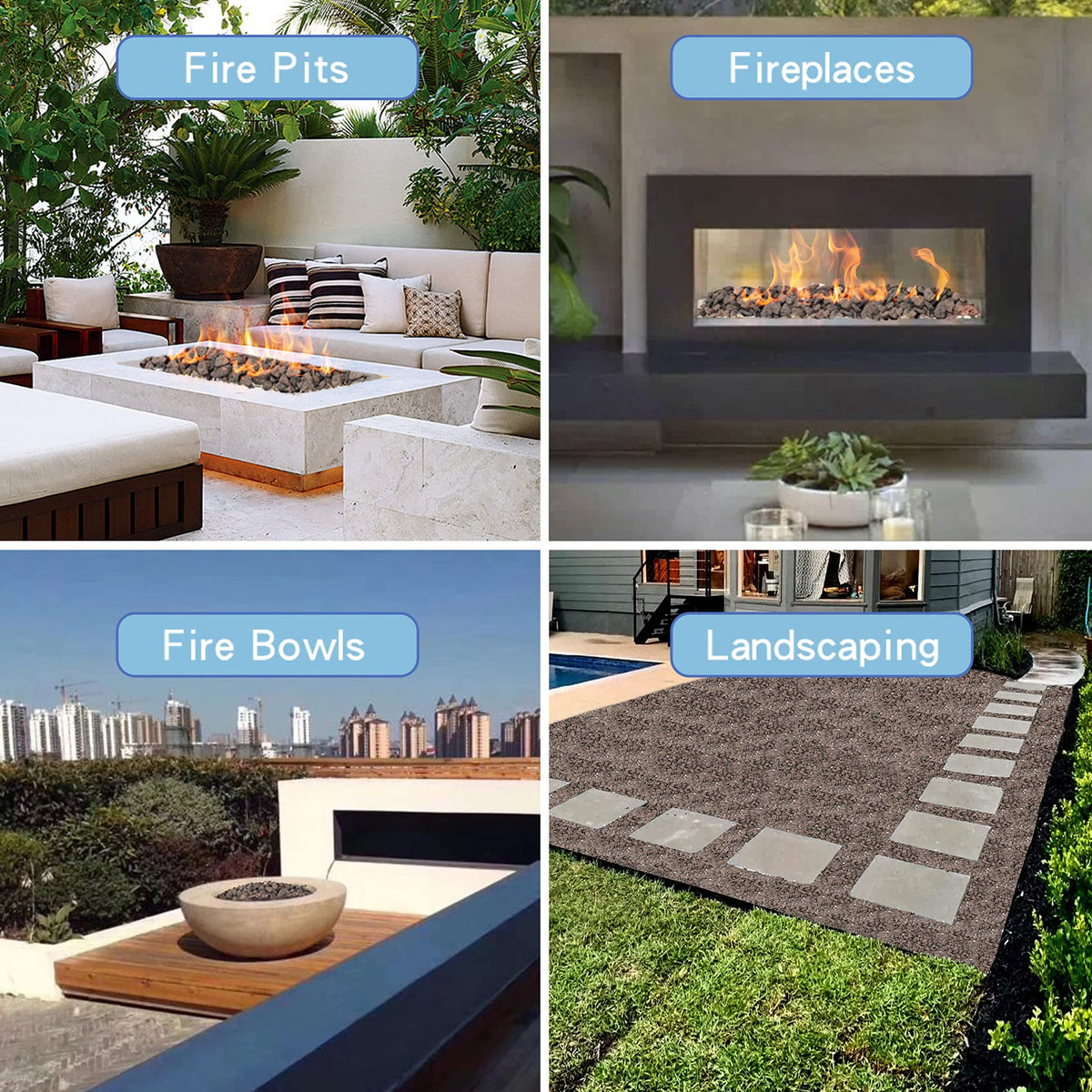 Skyflame lava rock provides a natural fireplace decor around log sets.
