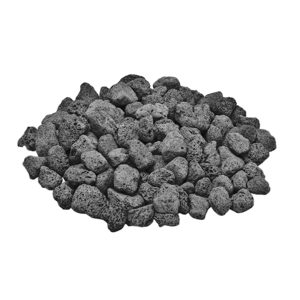 Skyflame lava rocks in a fire pit create a dramatic bed for flame glow and texture.