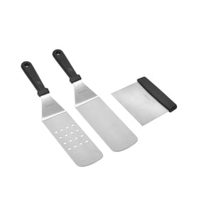 Skyflame long spatula in action for precise flipping on a flat top grill