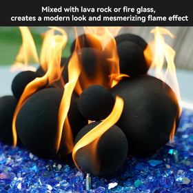 Skyflame modern firepit appearance with sleek black balls for refined ambiance.