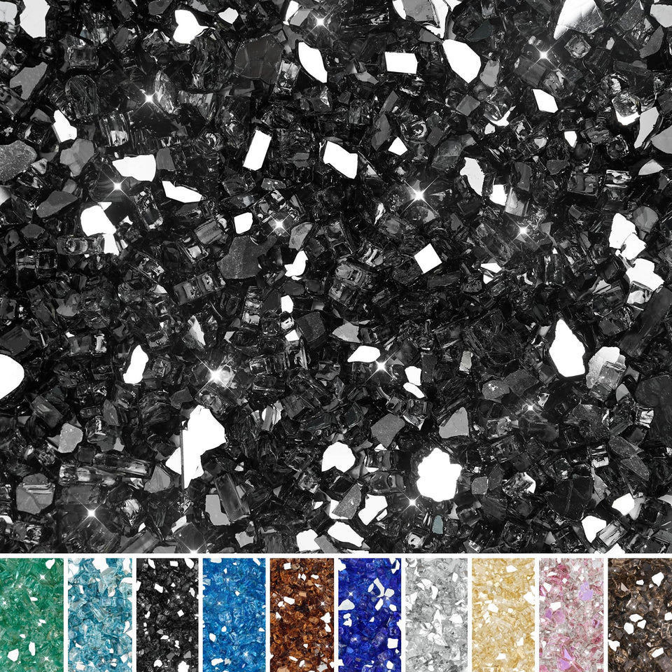 Skyflame onyx black fire glass with mirrored backing enhances fire pit ambiance.