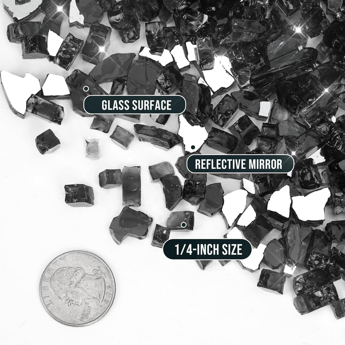 Skyflame onyx black fire glass 1-4 inch close-up shows uniform size.
