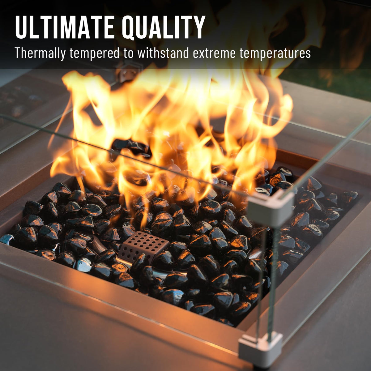 Outdoor fire bowl scene with Skyflame onyx diamonds glowing evenly
