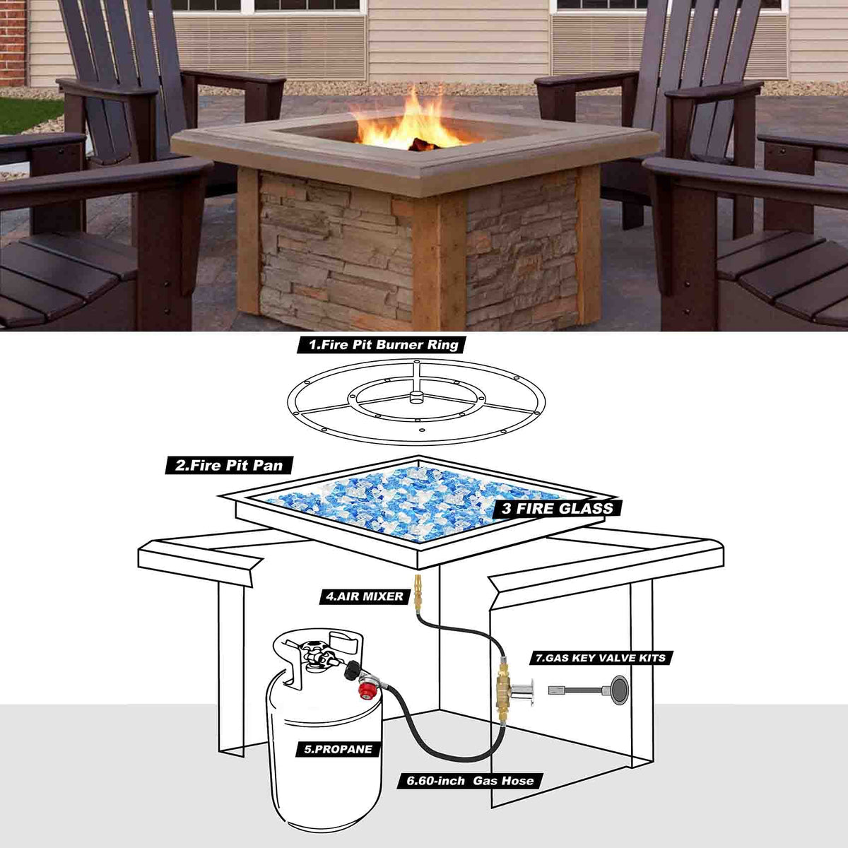 Skyflame outdoor fire pit accessory kit compatible with propane appliances.