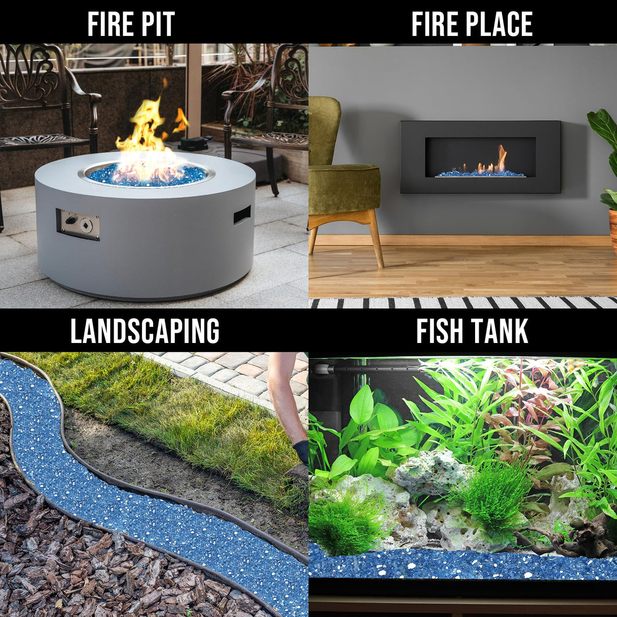 Skyflame Outdoor-fire-pit-decor Fire Glass enhances landscape visuals and warmth.
