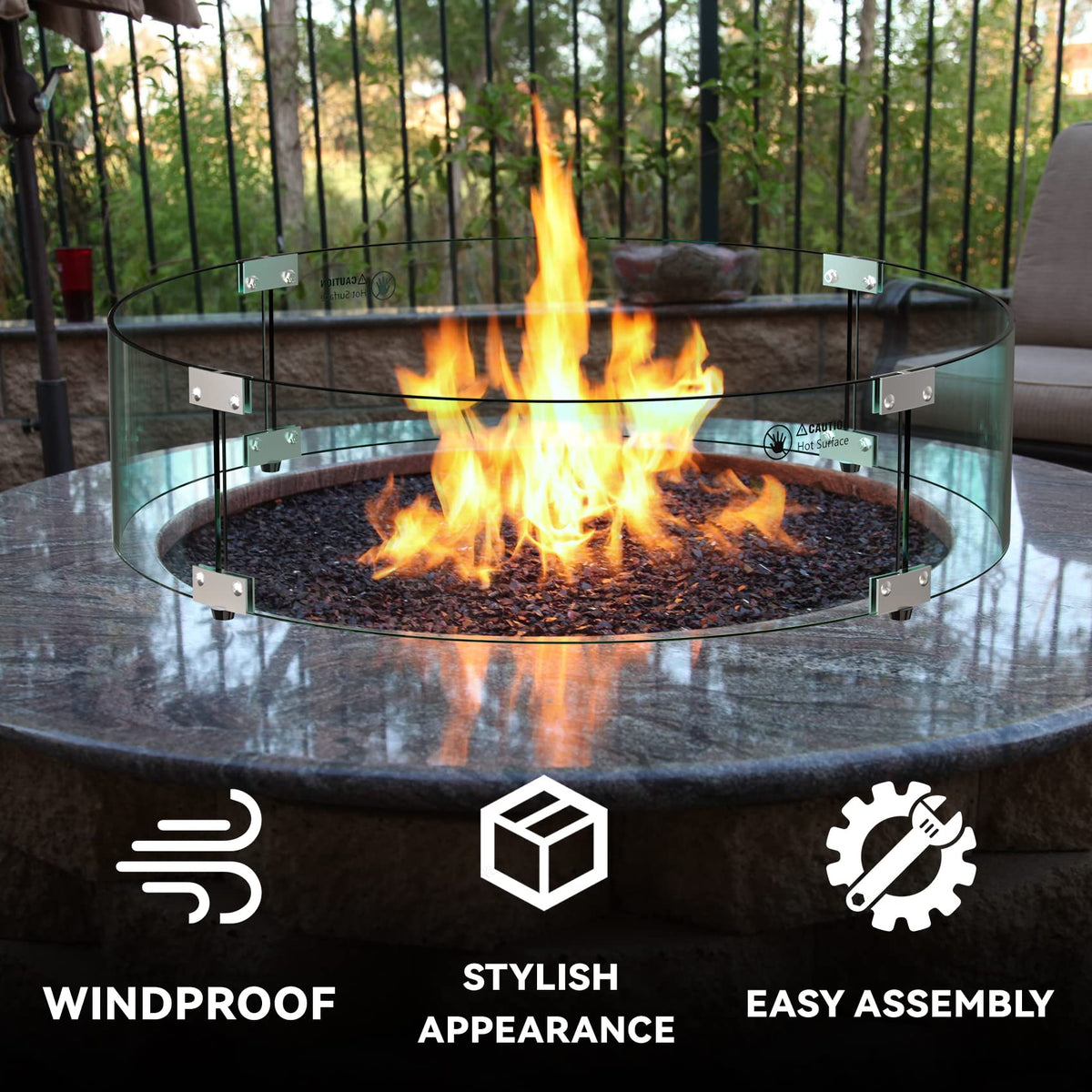 Skyflame outdoor fire pit shield helps maintain a central flame during breezes
