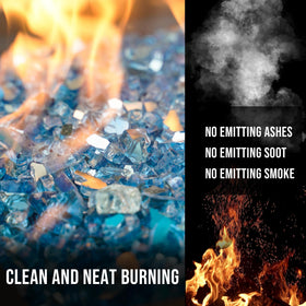 Skyflame Pacific Blue fire glass with mirrored backing enhances glow.