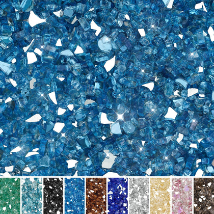 Skyflame Pacific Blue fire glass in a 10 lb bag reflects light in a gas fire pit.