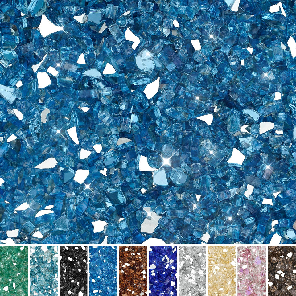 Skyflame Pacific Blue fire glass in a 10 lb bag reflects light in a gas fire pit.
