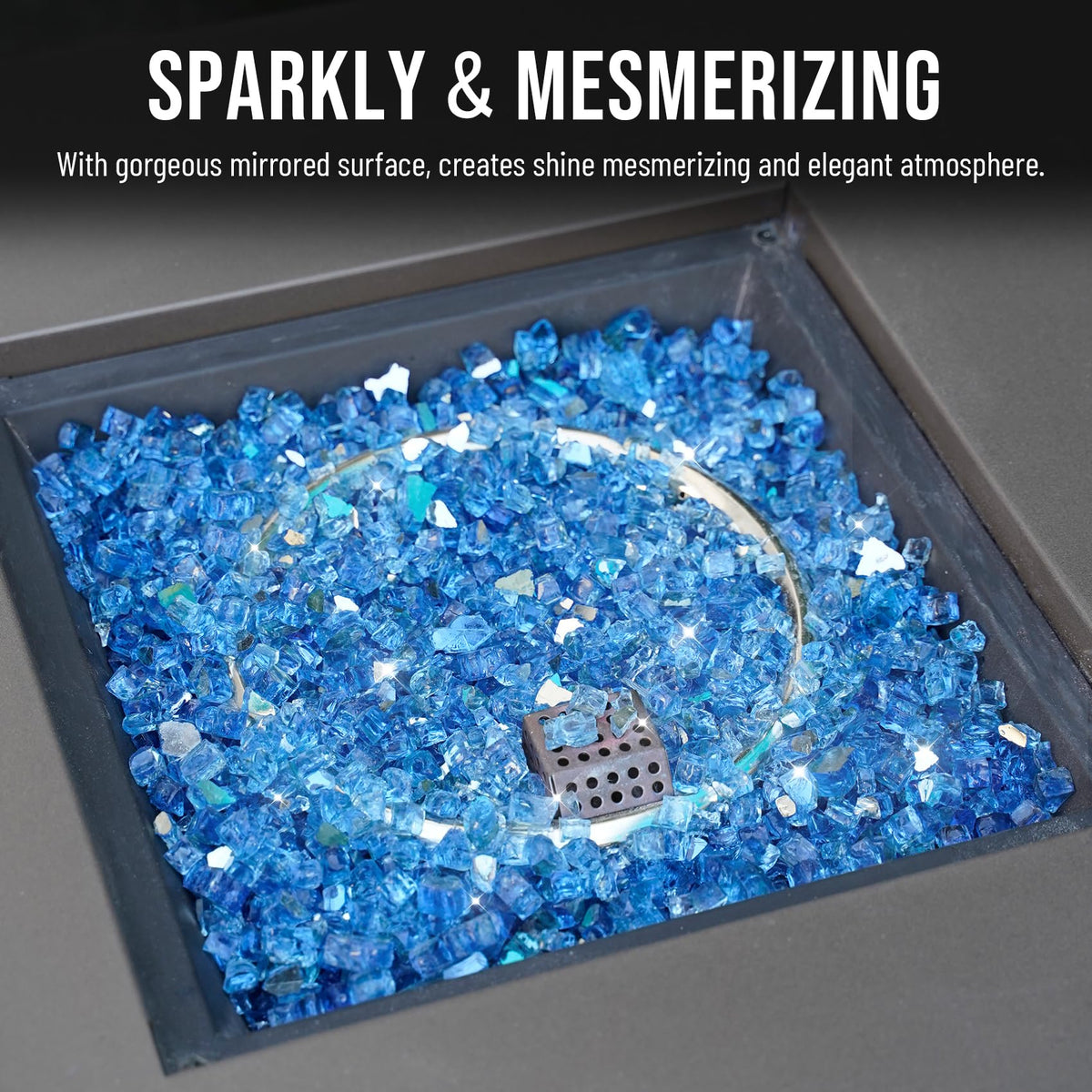 Skyflame Pacific Blue glass delivers shimmering blue color and premium finish.