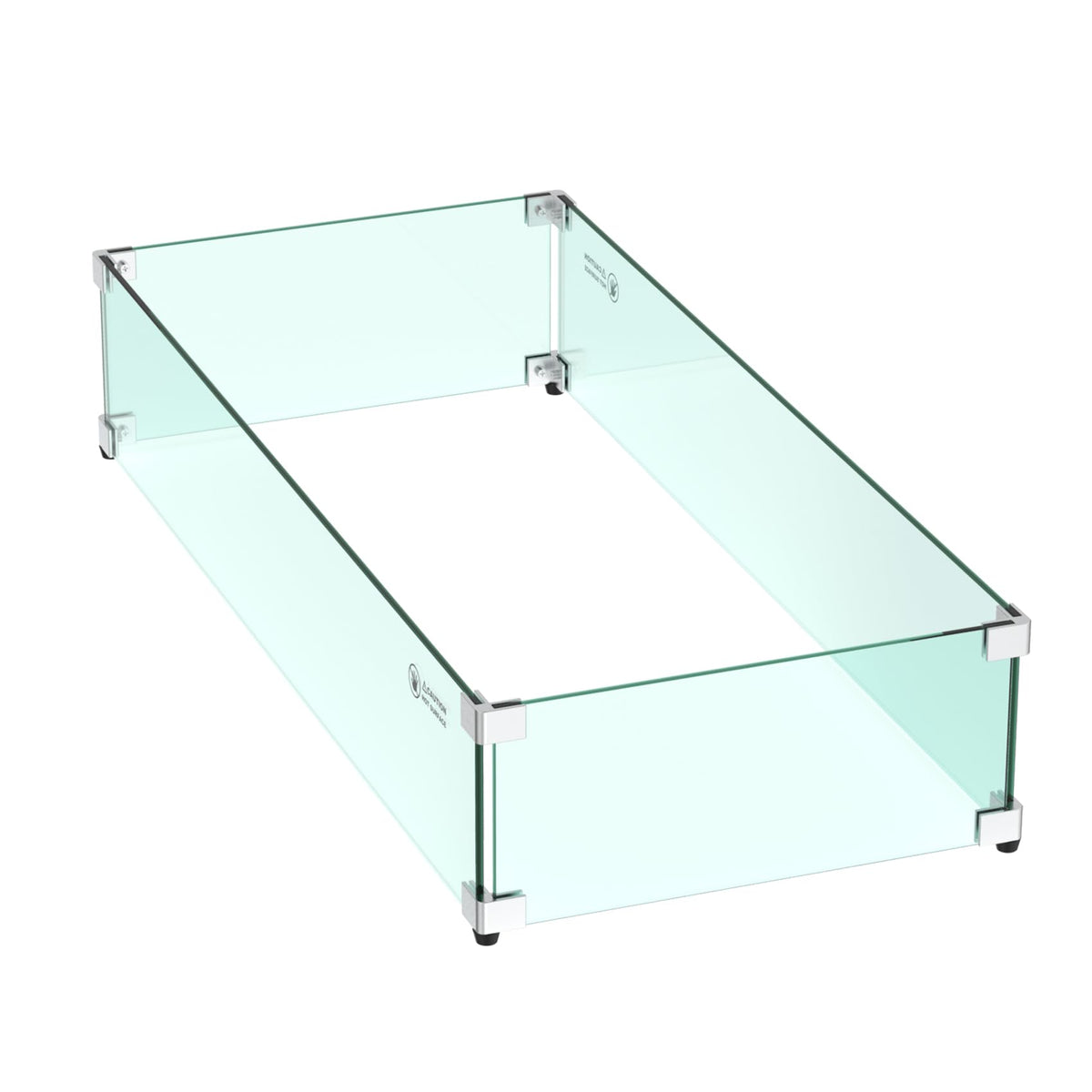 Skyflame rectangular glass wind guard on a fire pit protects flames from wind.