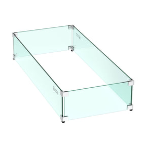Skyflame rectangular glass wind guard on a fire pit protects flames from wind.