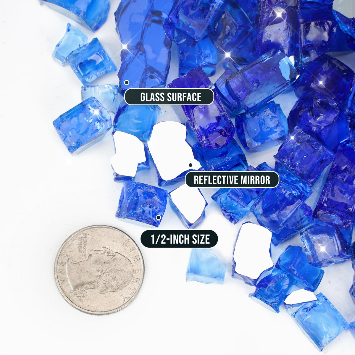 Skyflame reflective cobalt blue fire glass 1-2-inch on surfaces boosts flame sparkle.
