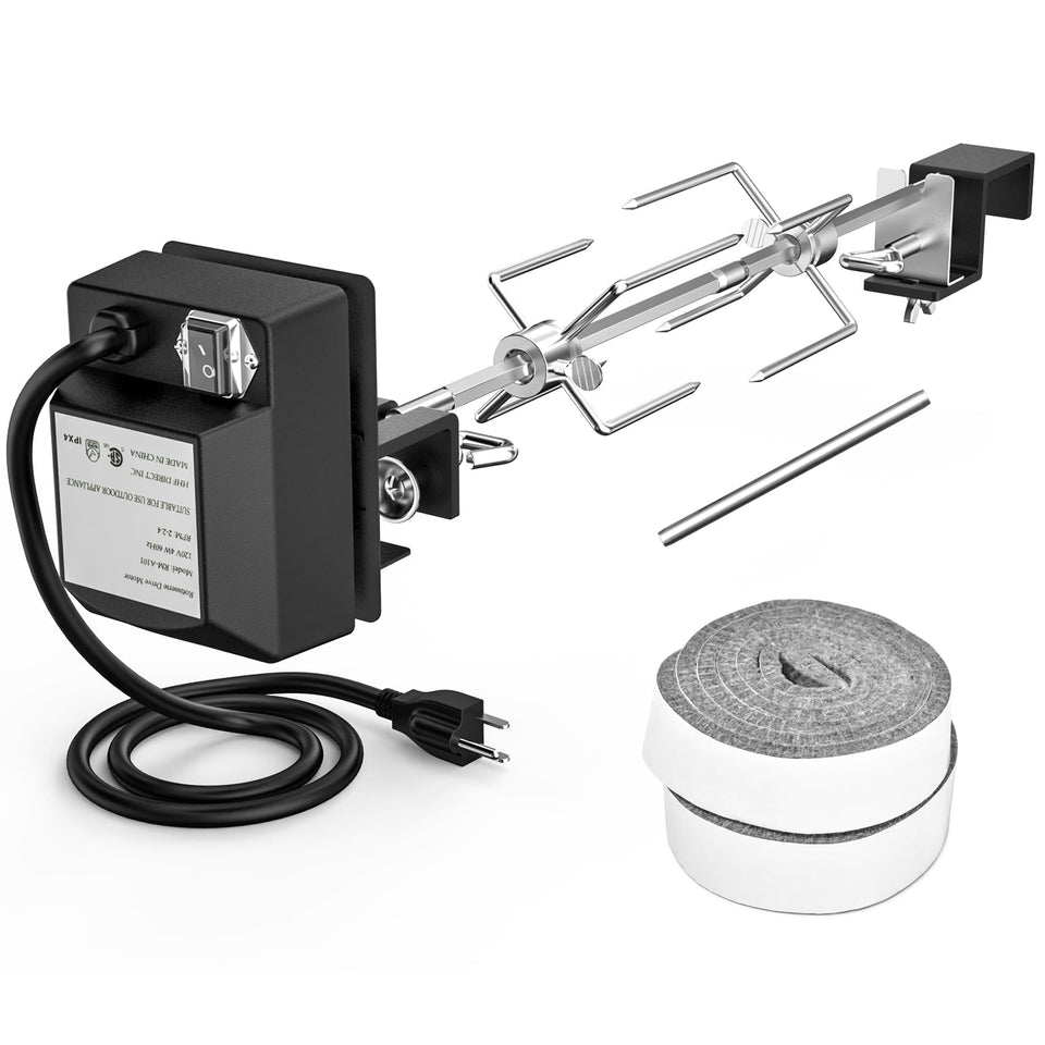 Skyflame rotisserie motor with waterproof switch for hands-free roasting.