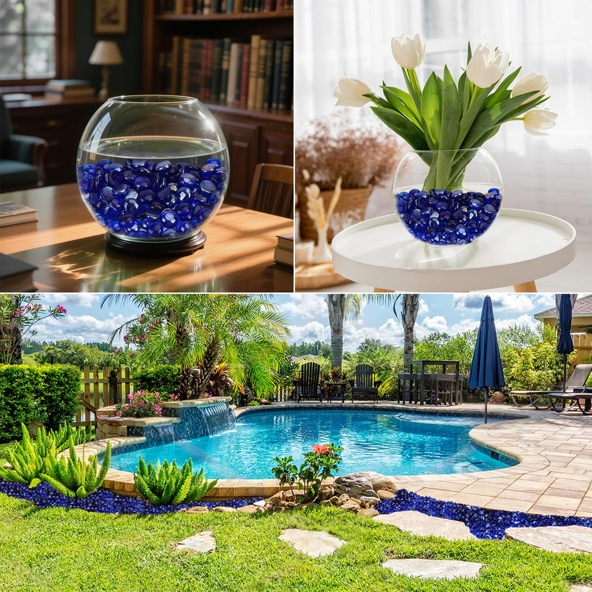 Skyflame Royal Cobalt Blue fire glass enhances evening ambiance in landscaping.
