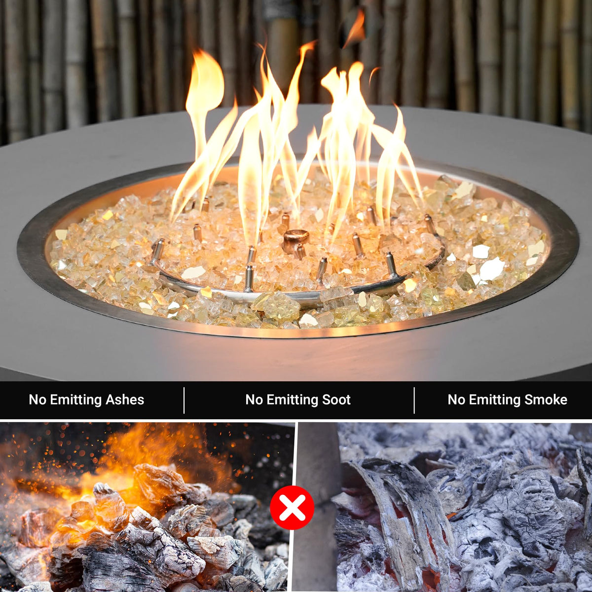 Skyflame tempered gold fire glass finish resists high heat and keeps shine.