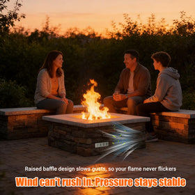 Skyflame venting panel complements stone or brick islands with a professional look