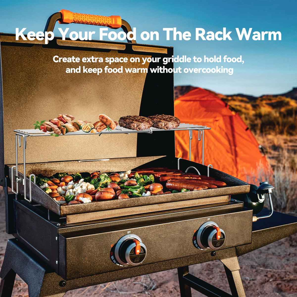 Skyflame warming rack folds for compact storage after use