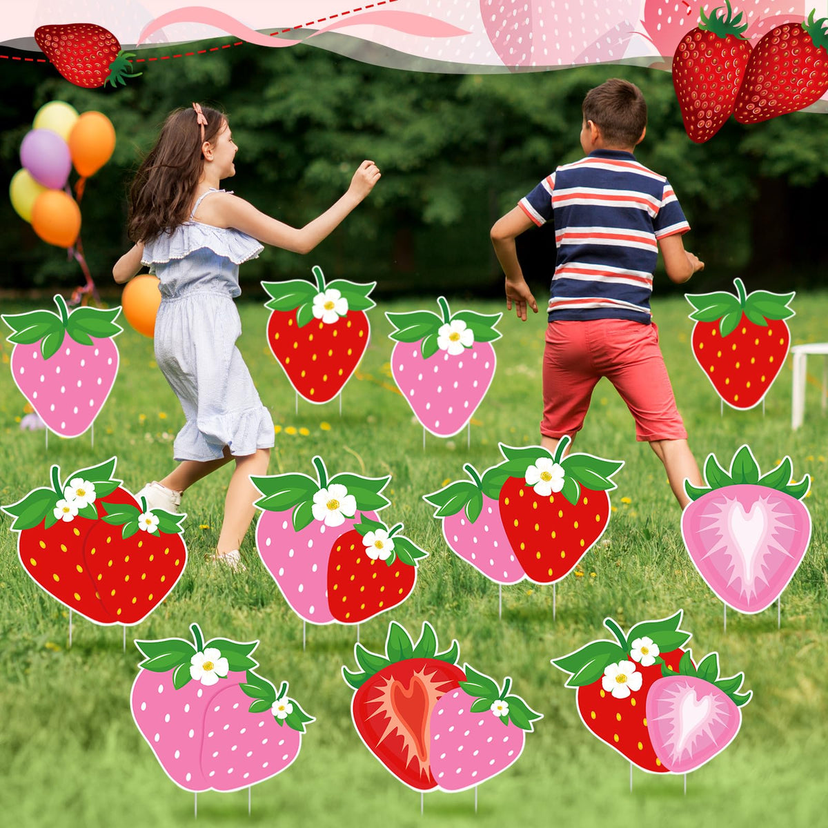 Skyygemm pink strawberry with flowers sign, ideal for summer garden party atmosphere.