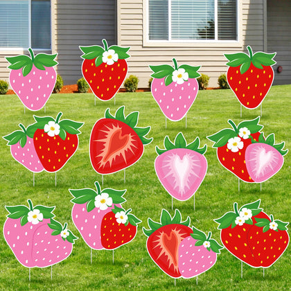 Skyygemm strawberry yard signs, 12-piece set, adds festive color to gardens and lawns.