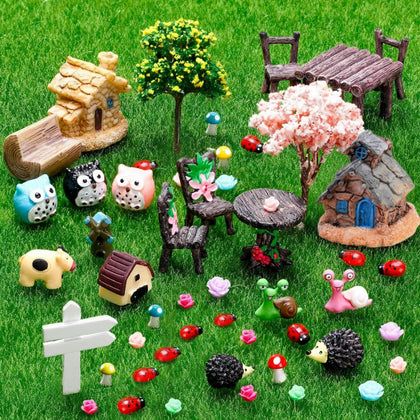 Skylety 64-piece fairy garden kit with animal figurines for charming outdoor decor