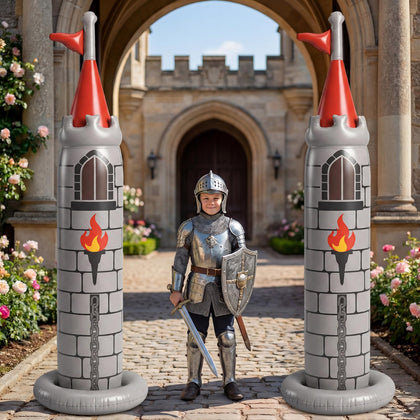 Skylety medieval castle inflatable front view creates a magical party backdrop