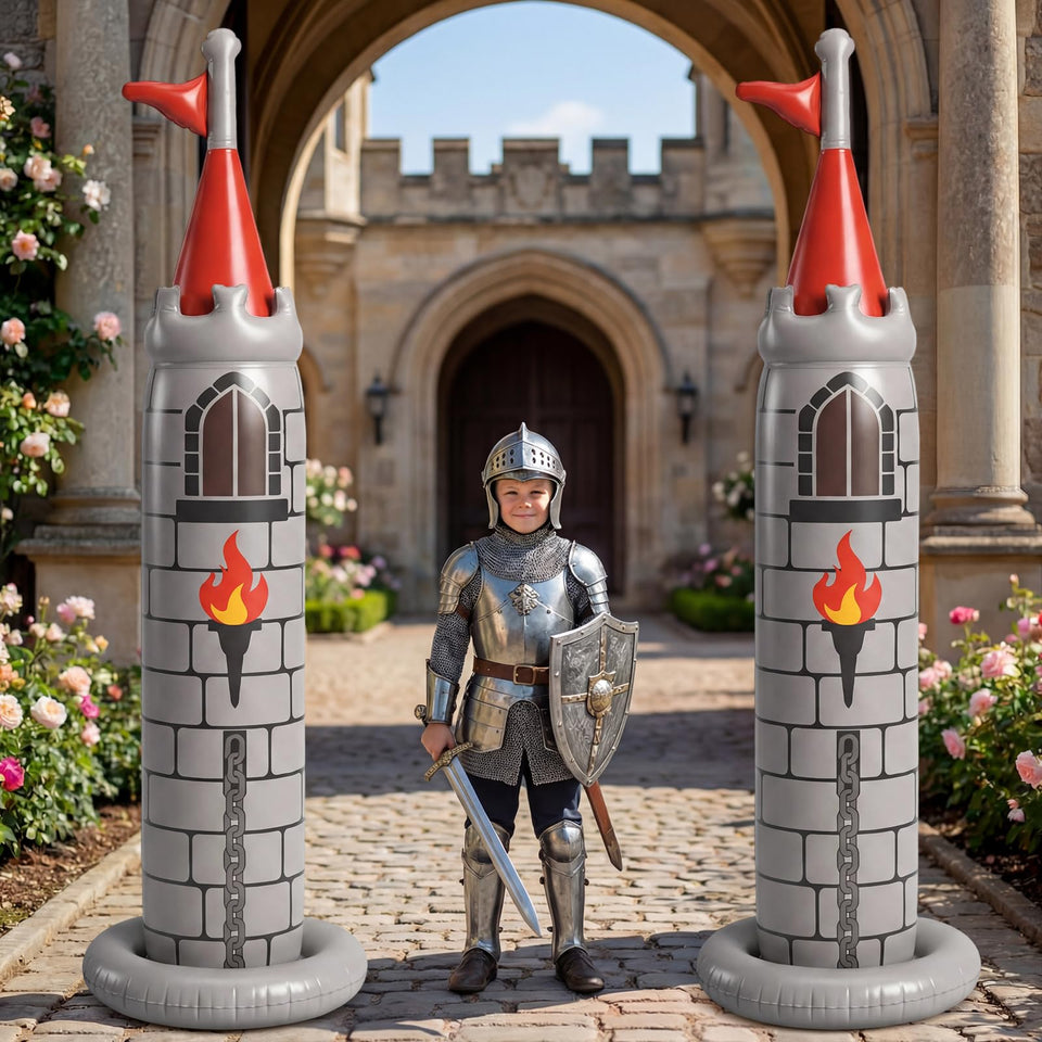 Skylety medieval castle inflatable front view creates a magical party backdrop