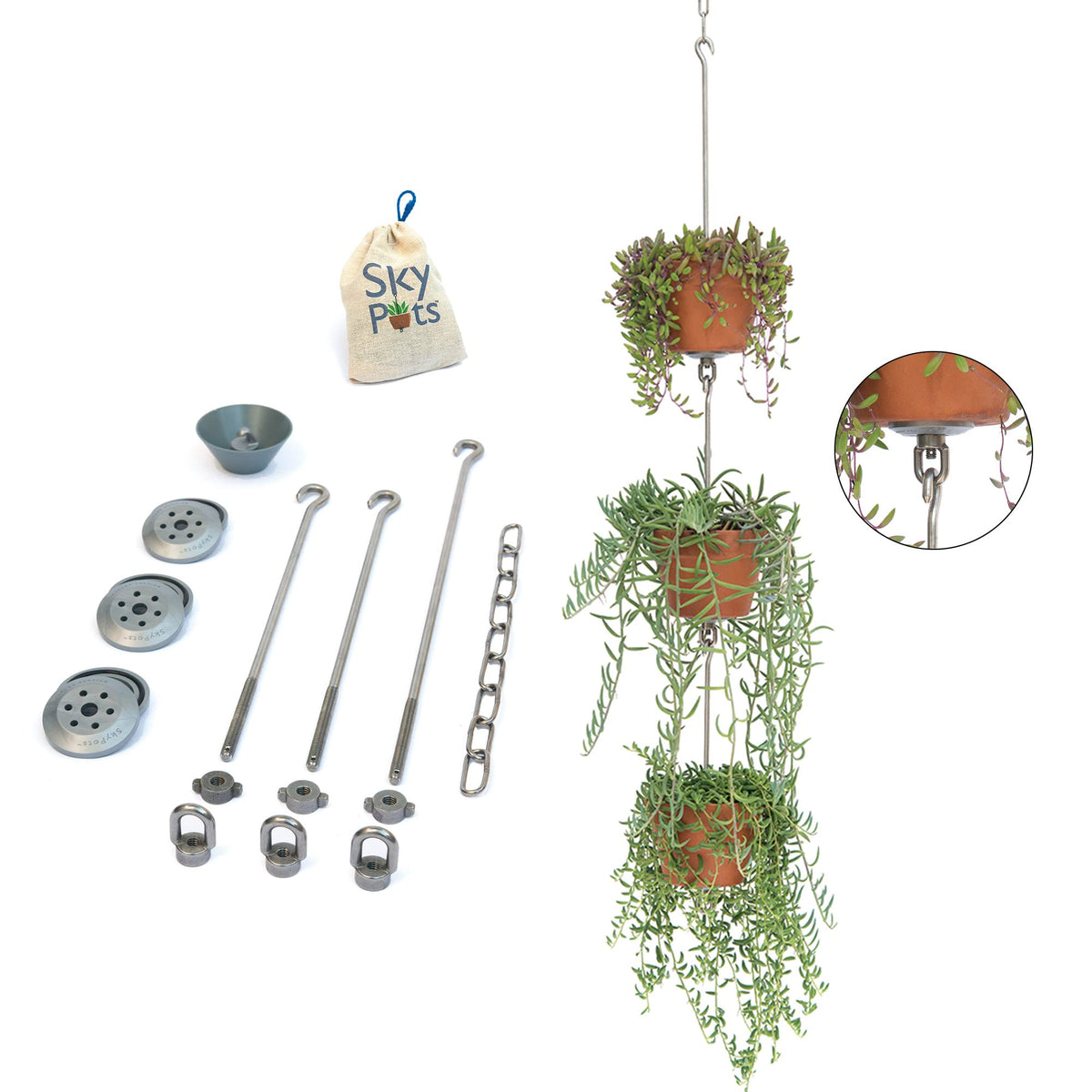 SkyPots three-pack hanging kit setup demonstrates connectable pots for vertical gardening