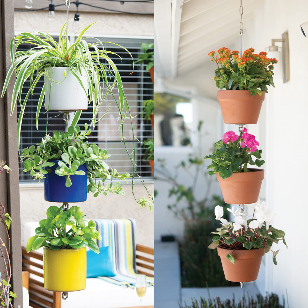 SkyPots vertical garden example with clay pot and SkyPots kit